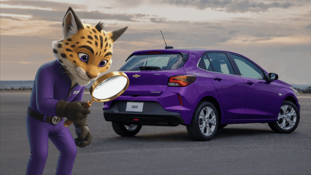 En la imagen se ve nuestro personaje de marca buscando con una lupa para encontrar autos automáticos a buen precio.