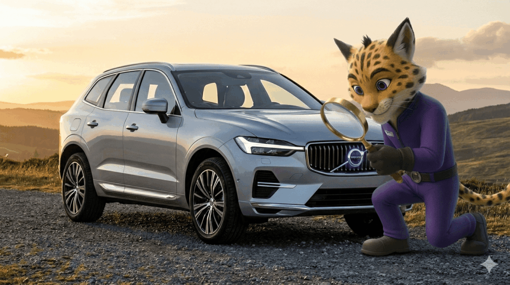 Vemos un Volvo EX60 en un pasaje desértico y a nuestro personaje Linze viéndolo con una lupa.